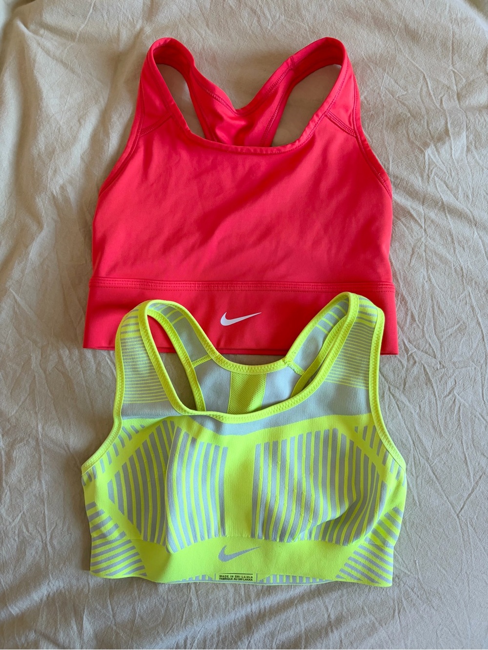 2 Nike Sports Bras Swoosh Long Line Flyknit Yellow Red Orange Volt XS